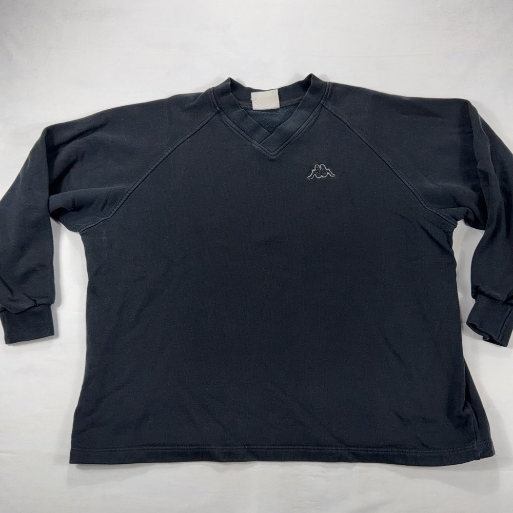 Kappa Vintage 90s V-Neck Sweatshirt Raglan Embroidered Logo XXL Black Pullover